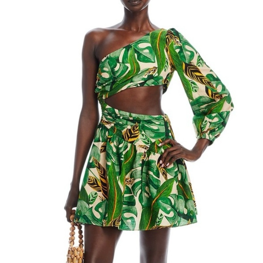 FARM Rio Green Leaf One Shoulder Dress